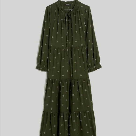 Madewell Dark Green Floral Long Sleeve Dress Tiered tie midi dress stardot - Picture 4 of 12